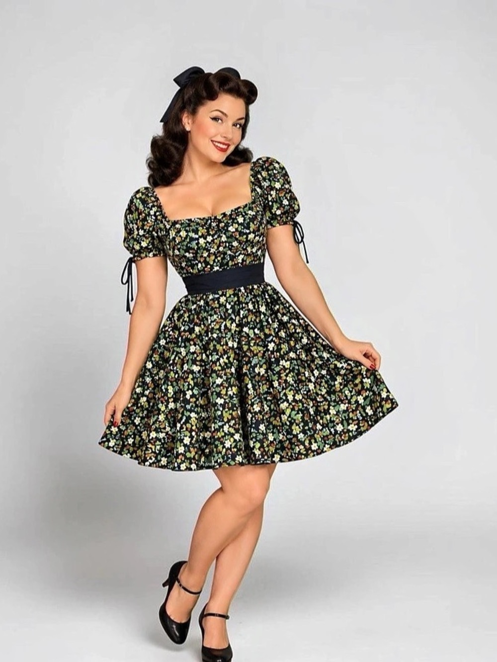 🍓Unique Vintage Black Floral Strawberry Print Peasant Dress, M, NWT 🍓